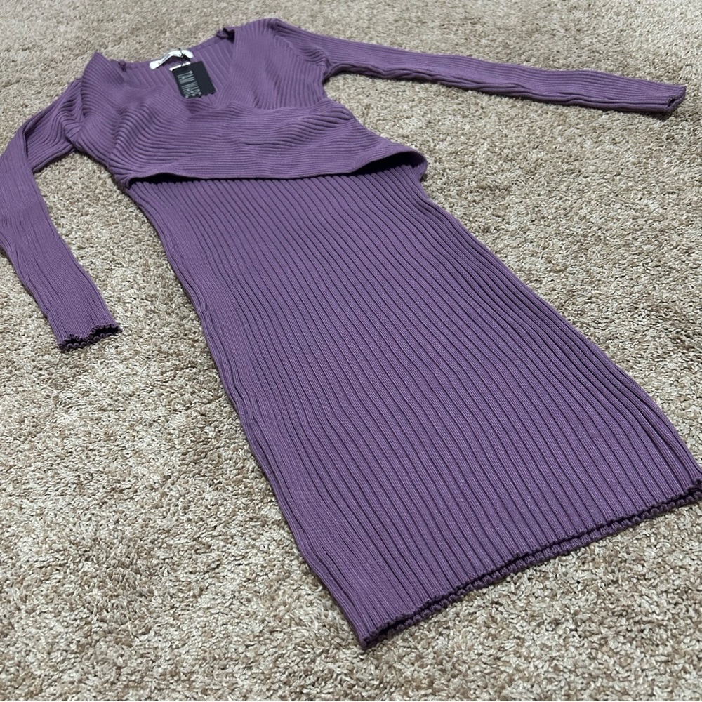 Purple Ribbed Knit Long Sleeve Dress by Tam Ware